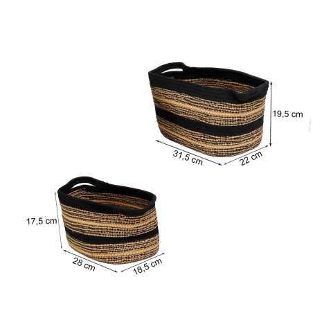 2 cestas negras ovaladas con asas rayas tribal