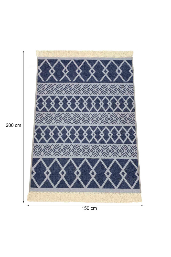 Alfombra étnica flecos antideslizante 200x150 cm - Azul/Blanco