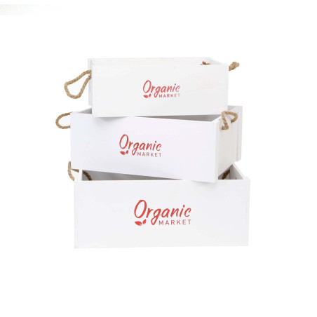 Set 3 cajas de madera "Organic" con asas - Blanco