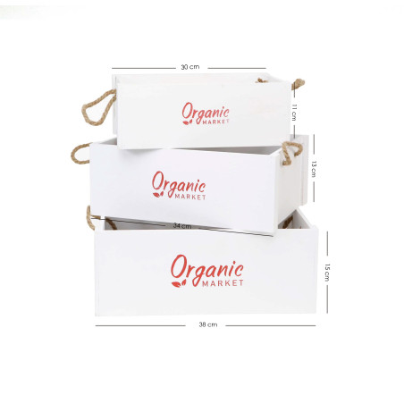 Set 3 cajas de madera "Organic" con asas - Blanco