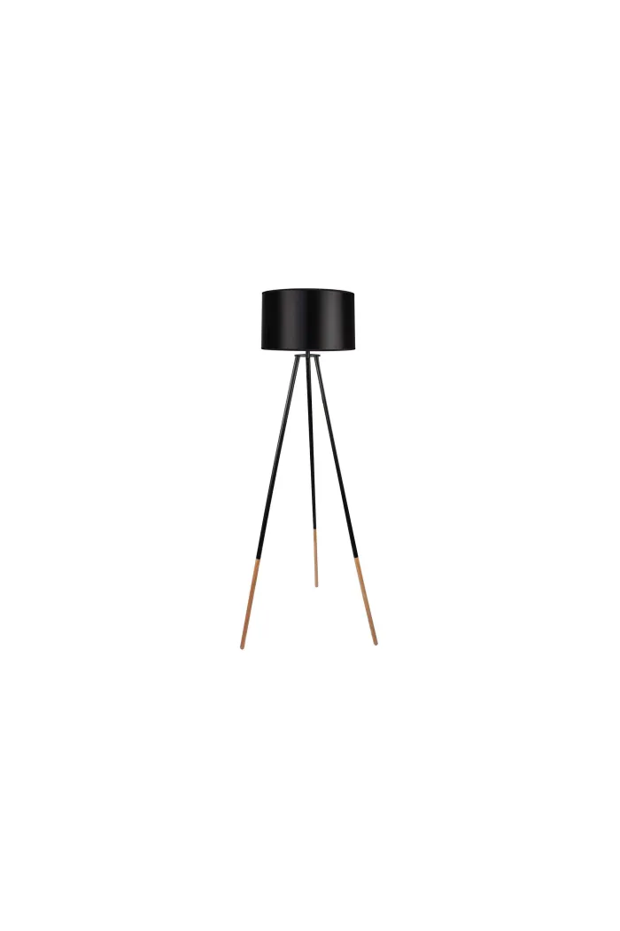 Lámpara de pie en metal negro y madera