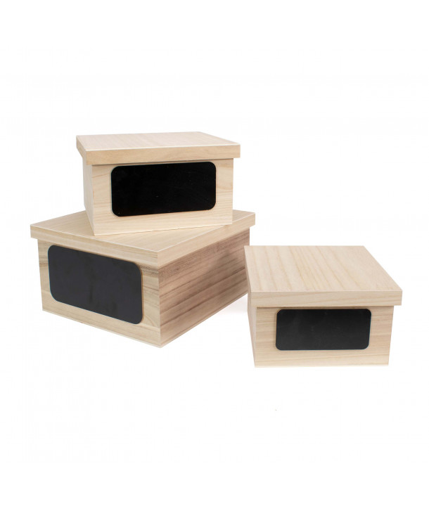 Set de 3 cajas decorativas de madera con pizarra - Natural