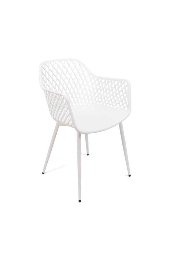 Silla de Comedor Moderna Blanca de Metal Con Respaldo Entramado y Reposabrazos