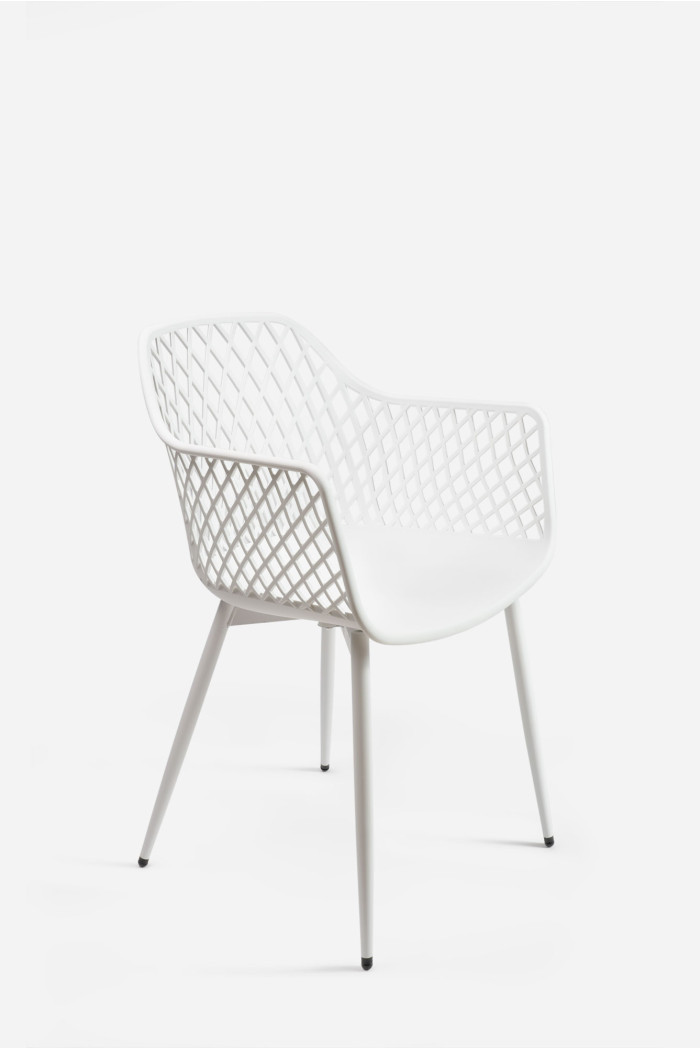 Silla de Comedor Moderna Blanca de Metal Con Respaldo Entramado y Reposabrazos