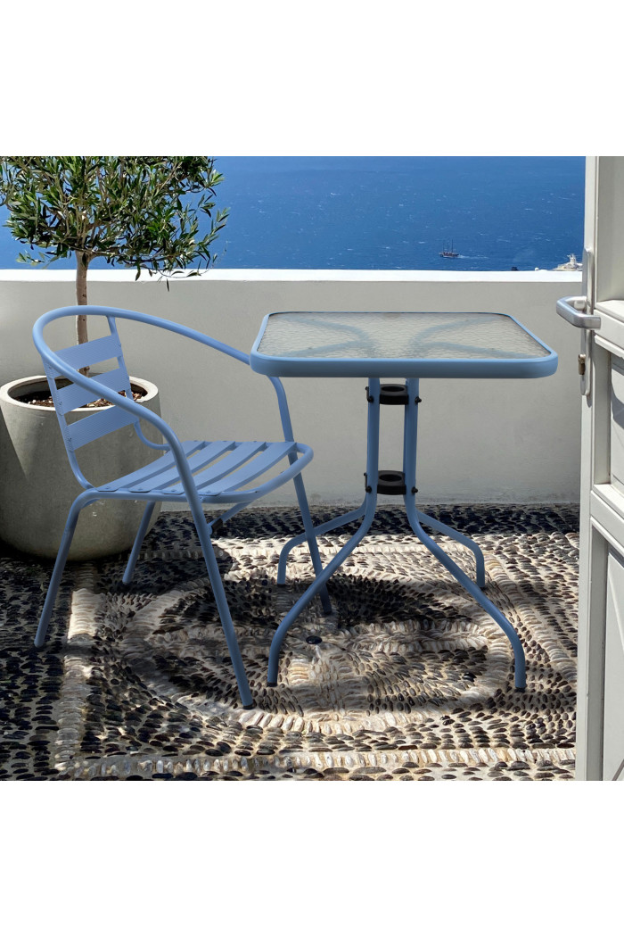 Mesa de Jardín de Metal Cuadrada con Cristal - Azul