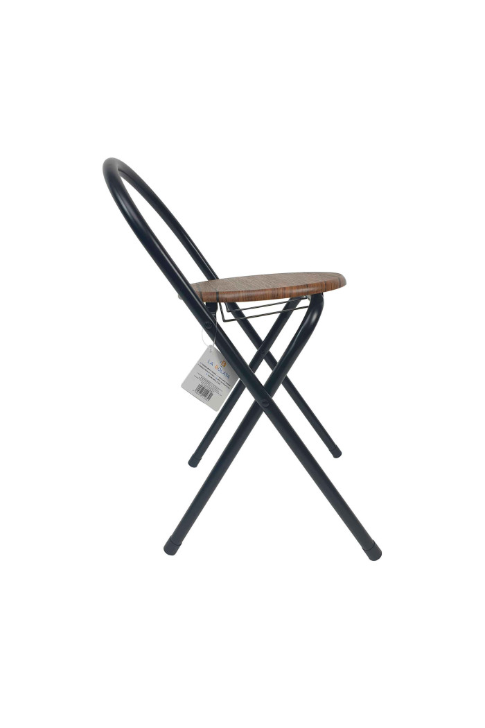 Silla Plegable de Metal y Madera - 65 x 38 x 39 cm - Negro/Madera Oscura