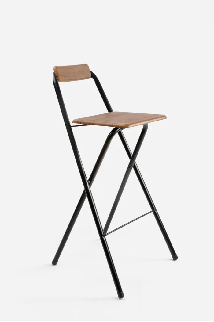 Taburete Alto Plegable Con Respaldo Cuadrado Marrón Oscuro con Madera