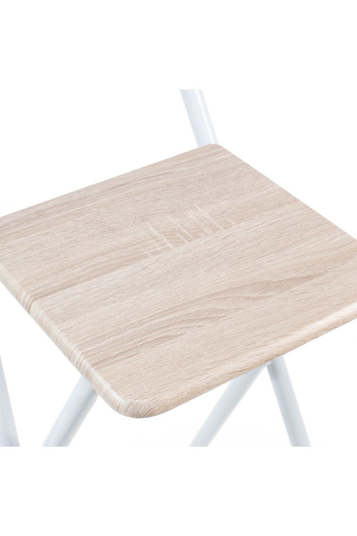 Taburete Alto Plegable de Metal Blanco y Madera Natural