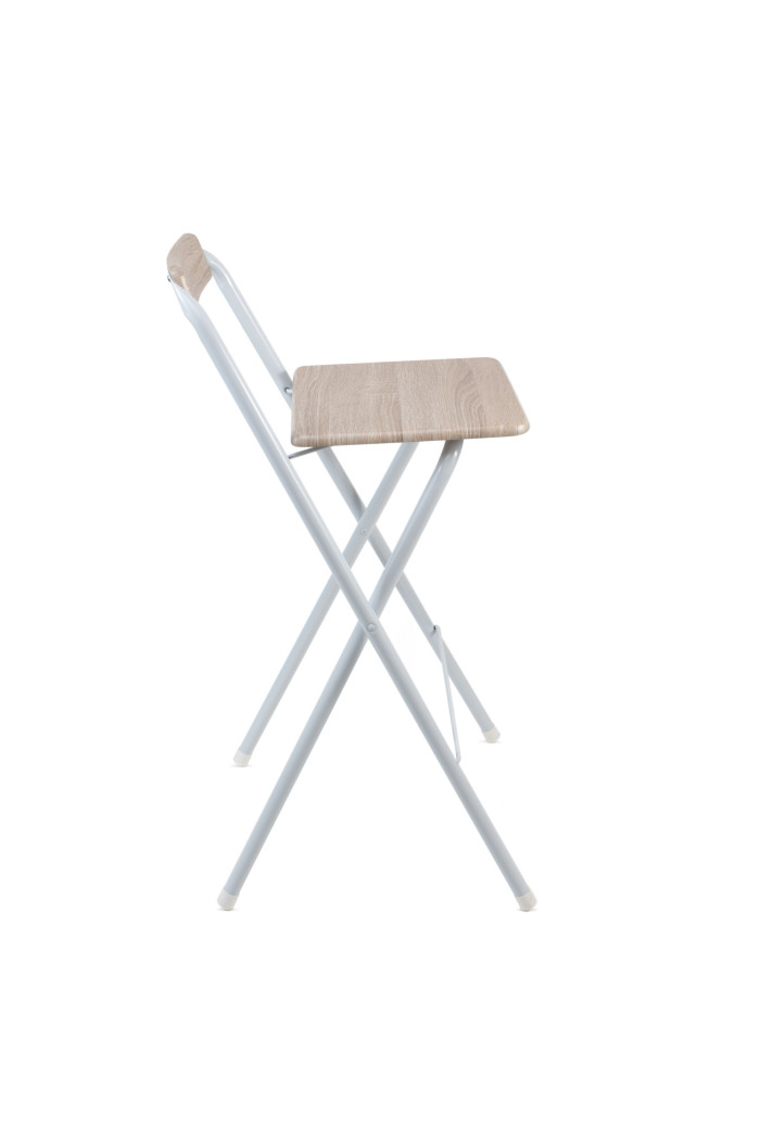 Taburete Alto Plegable de Metal Blanco y Madera Natural