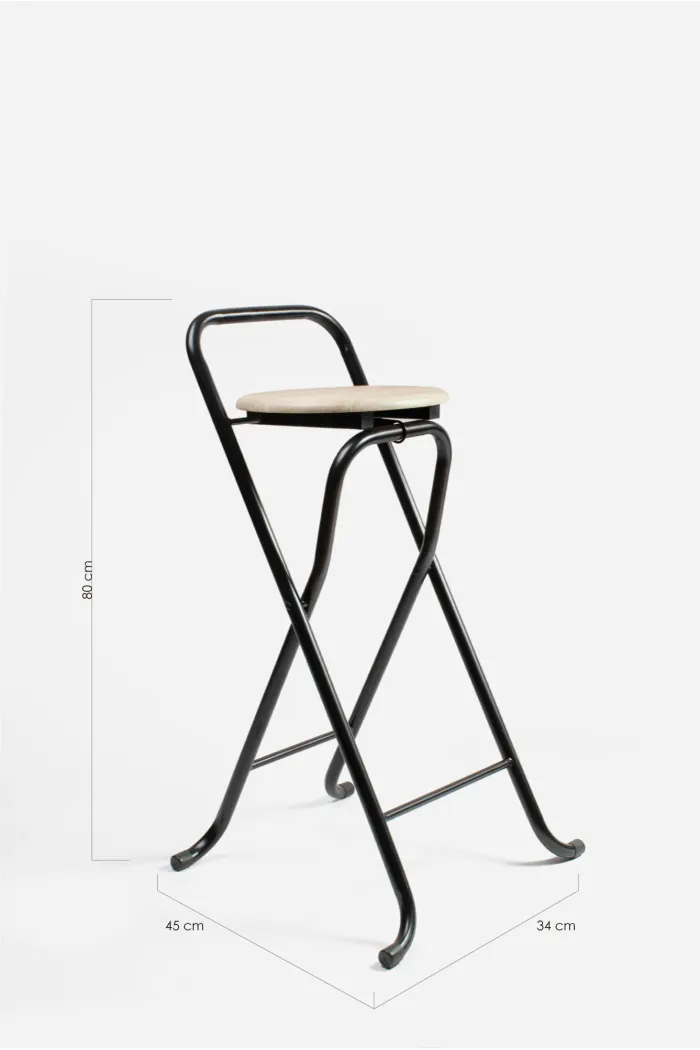 Taburete Alto Plegable Con Respaldo de Metal Negro y Madera Clara
