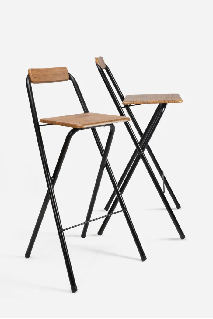 Taburete Alto Plegable Con Respaldo Cuadrado Marrón Oscuro con Madera