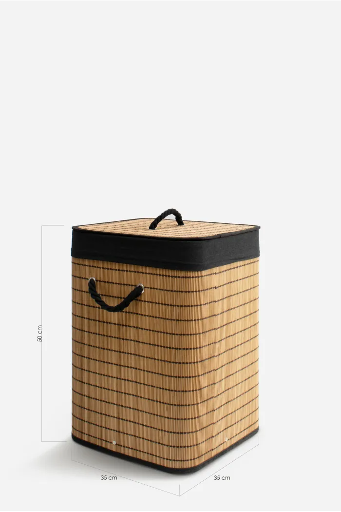 Ropero Plegable de Bambú Cuadrado con Tapa – Natural y Negro (35x35x50 cm)