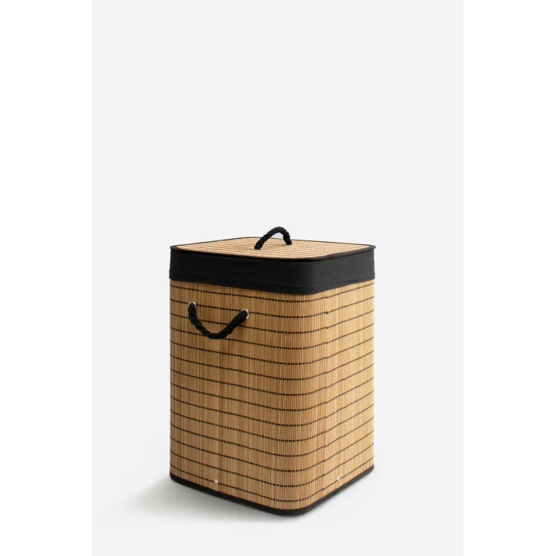 Ropero Plegable de Bambú Cuadrado con Tapa – Natural y Negro (35x35x50 cm)
