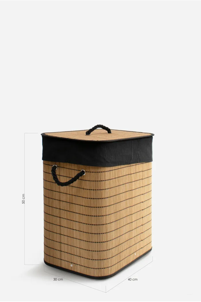 Ropero Plegable de Bambú Rectangular con Tapa – Natural y Negro (40x30x50 cm)