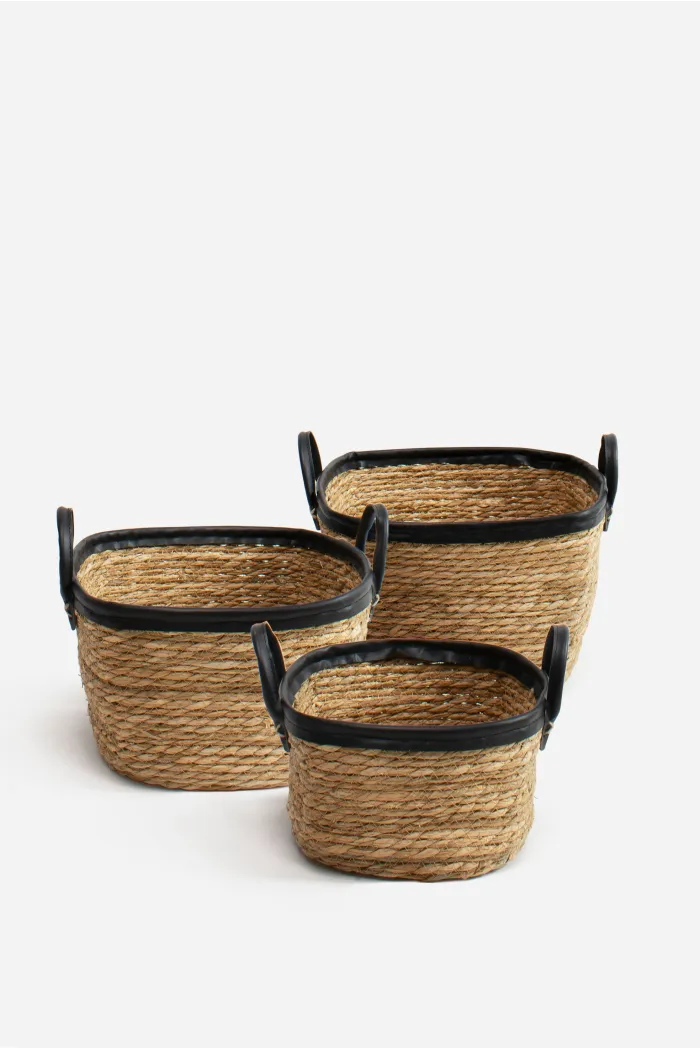 Set de 3 Cestos de Cuerda de Enea con Asas Negras