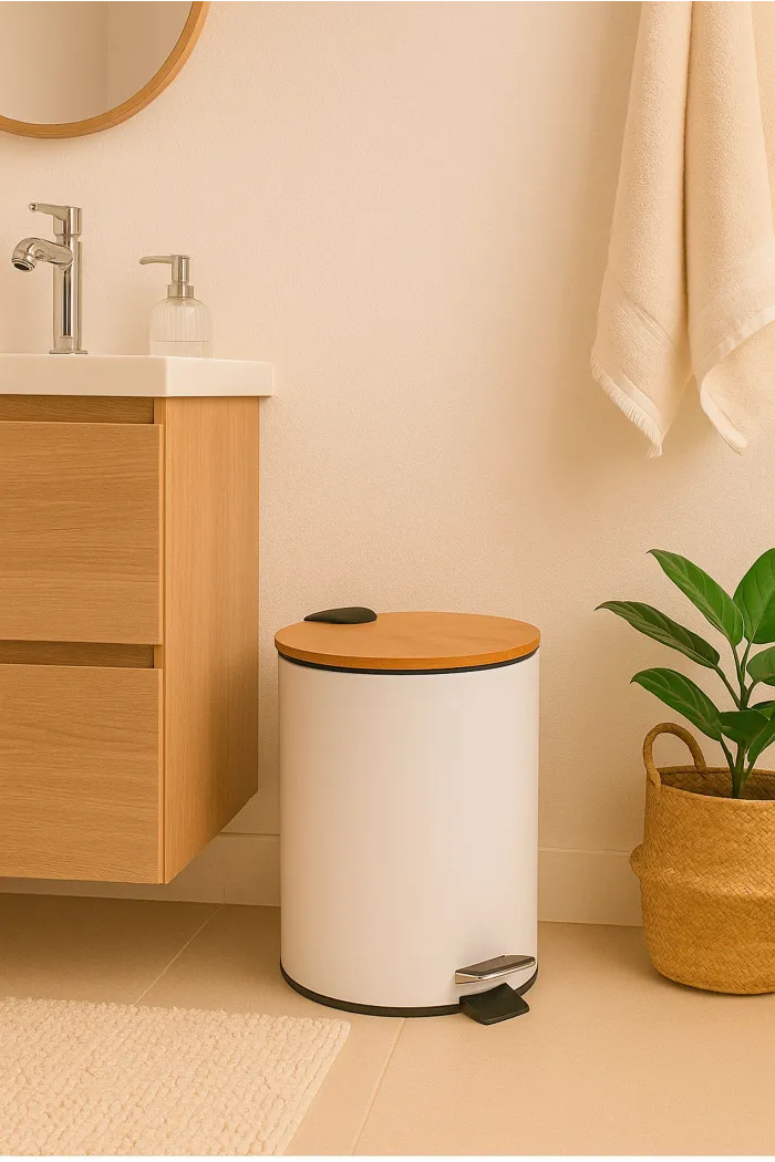 Papelera de Metal con Tapa de Bambú y Pedal – 3L (Ø17 x 23 cm)