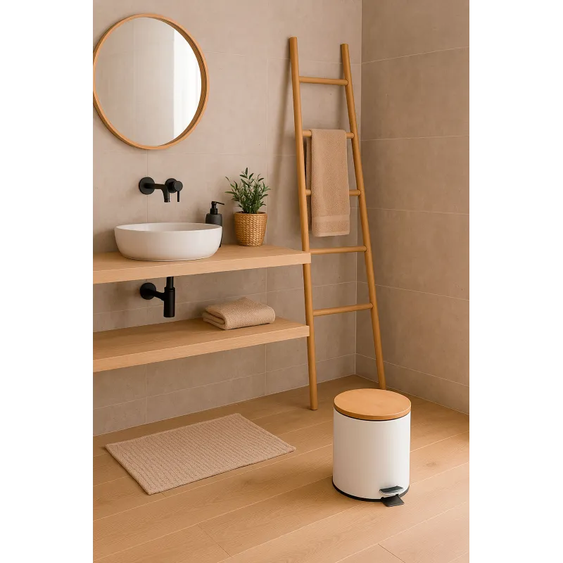 Papelera de Baño de Metal 5L | Papelera con Pedal y Bambú