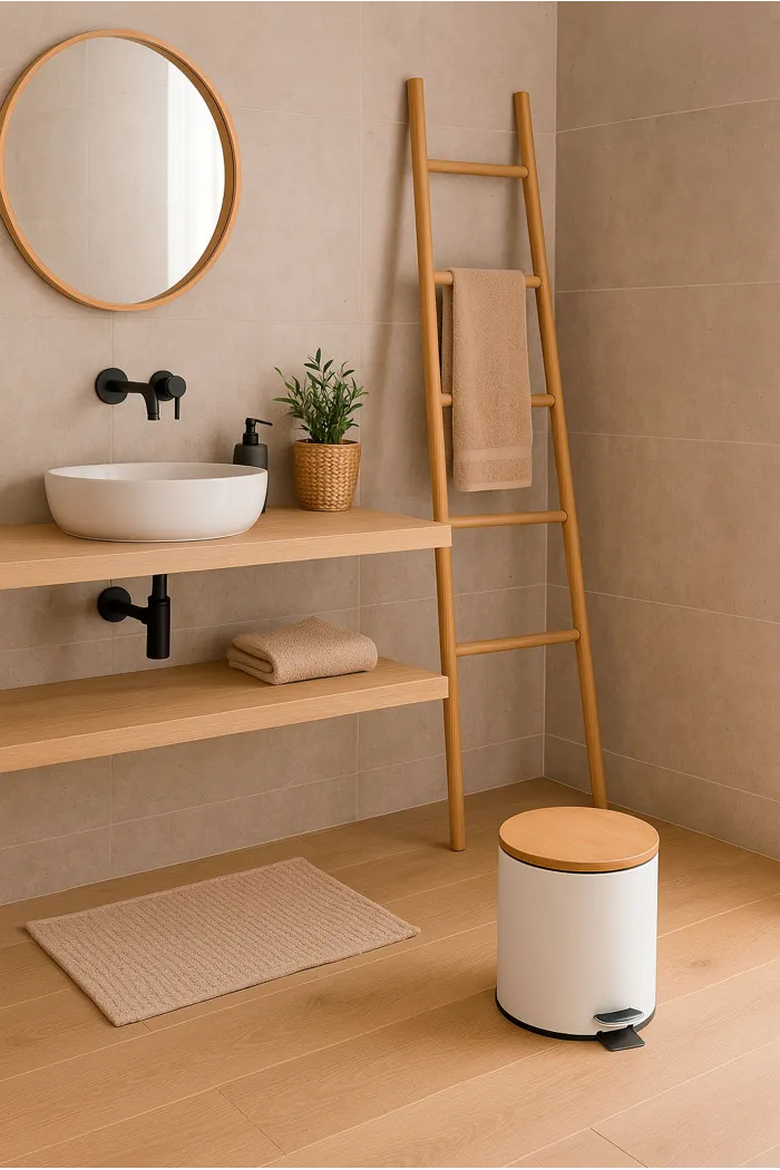 Papelera de Metal con Tapa de Bambú y Pedal – 5L (Ø21 x 26 cm)