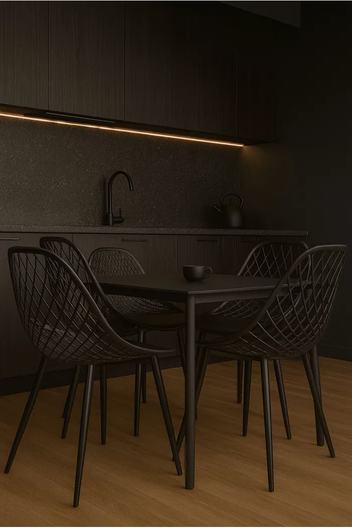 Silla de Comedor Moderna Negra de Metal Con Respaldo Entramado