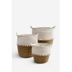 Set de 3 Cestos de Cuerda de Algodón y Enea con Asas