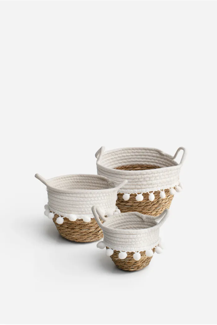 Set de 3 Cestos de Cuerda de Algodón y Enea con Asas