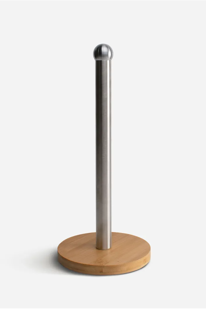 Soporte de Papel de Cocina─ Acero Inoxidable y Base de Bambú