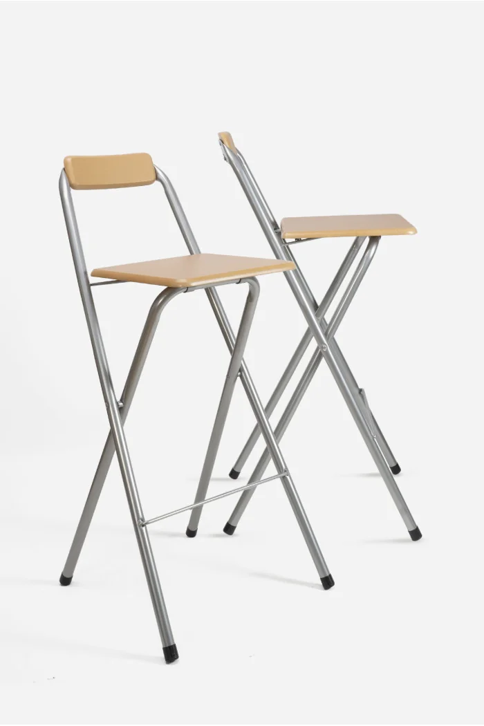 Taburete Alto Plegable Cuadrado Plateado con Madera Natural