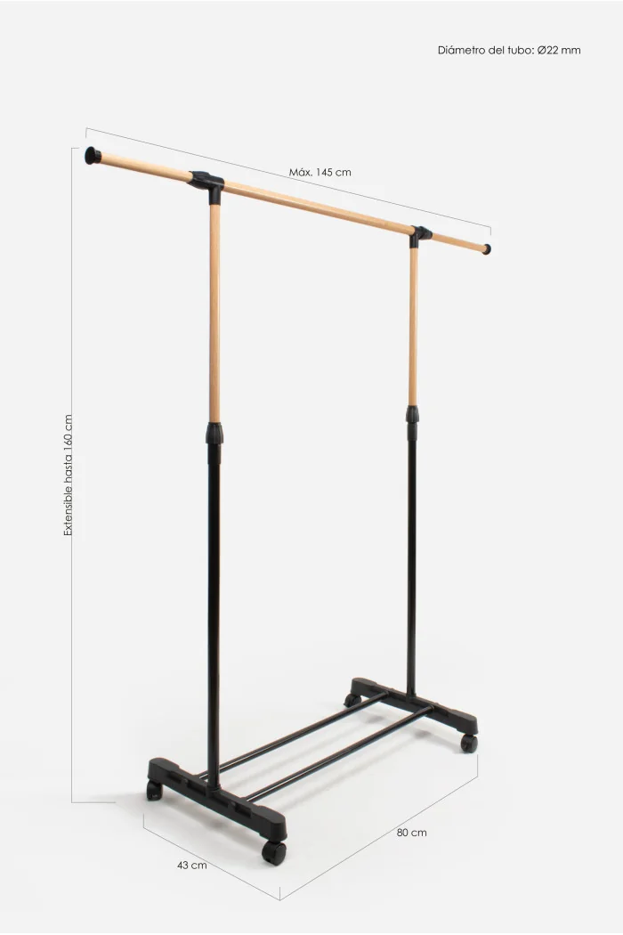 Perchero Burro de Metal e Imitación Bambú con Ruedas - Anchura Ajustable de 90 a 160 cm
