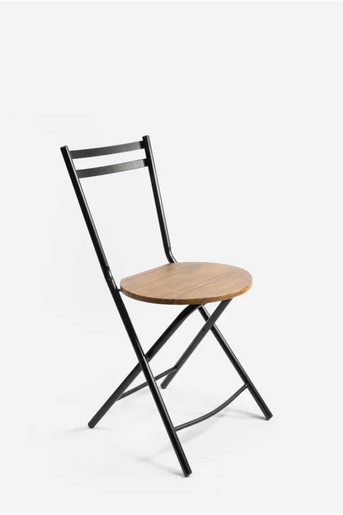 Silla Plegable de Metal y Madera - 80 x 40 x 40 cm - Negro/Madera Oscura
