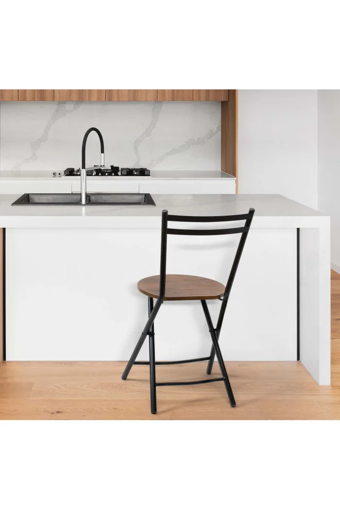 Silla Plegable de Metal y Madera - 80 x 40 x 40 cm - Negro/Madera Oscura