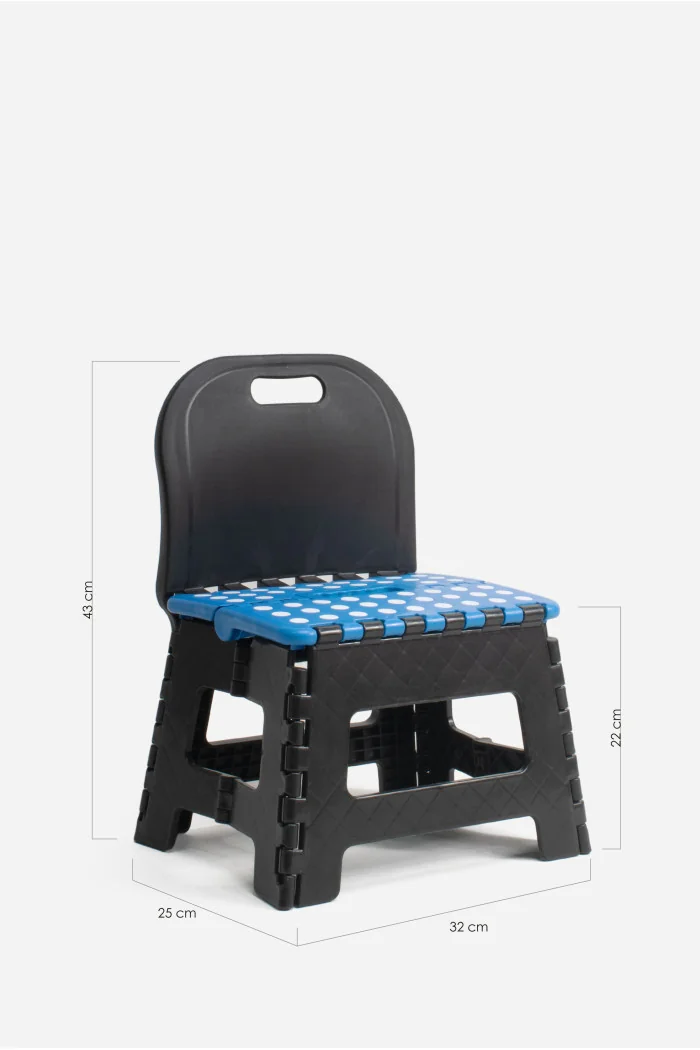 Taburete Plegable con Respaldo de PP Antideslizante 32x25x43 cm | Negro y Azul Medidas