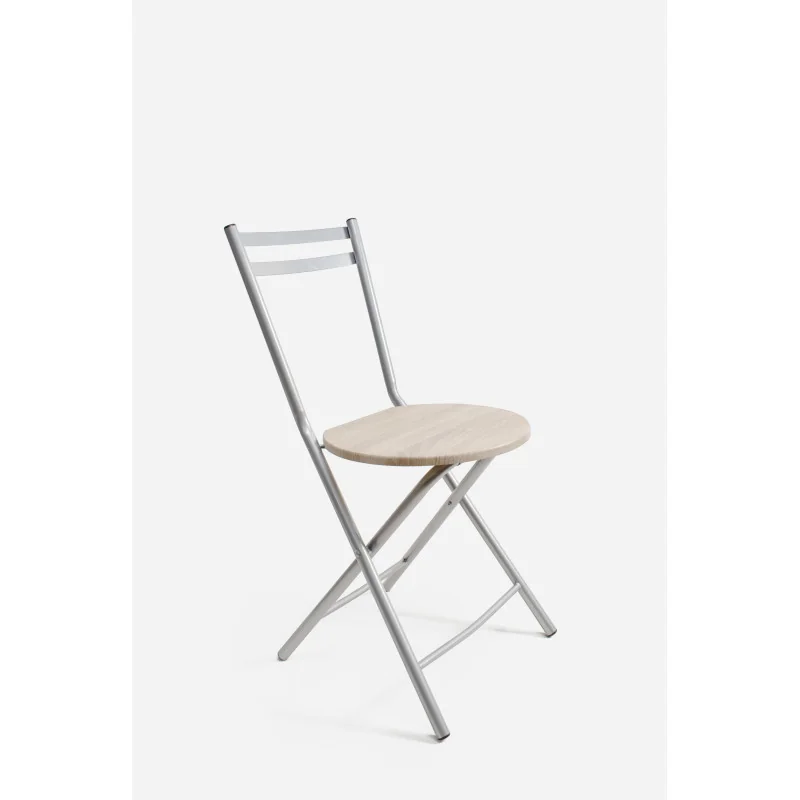 Silla de metal plegable con asiento de madera clara/ gris