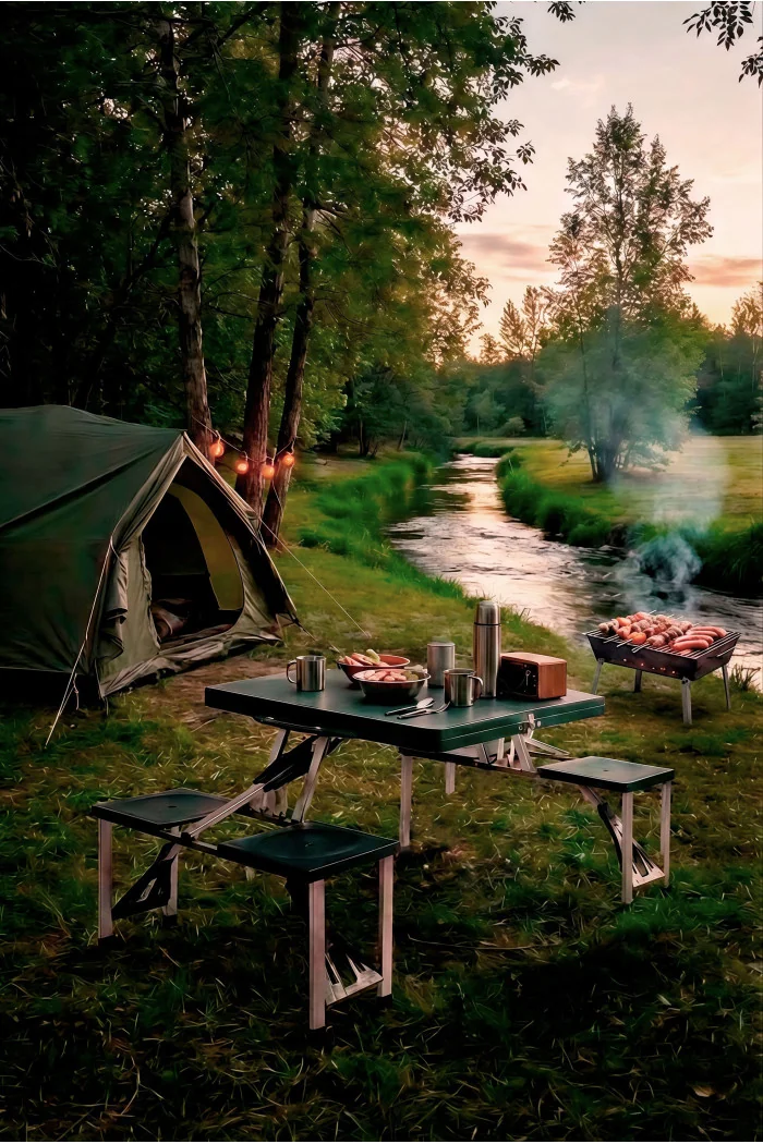 Pack de Cámping - Conjunto de Pícnic Plegable, Barbacoa de Sobremesa y Set de Utensilios Premium