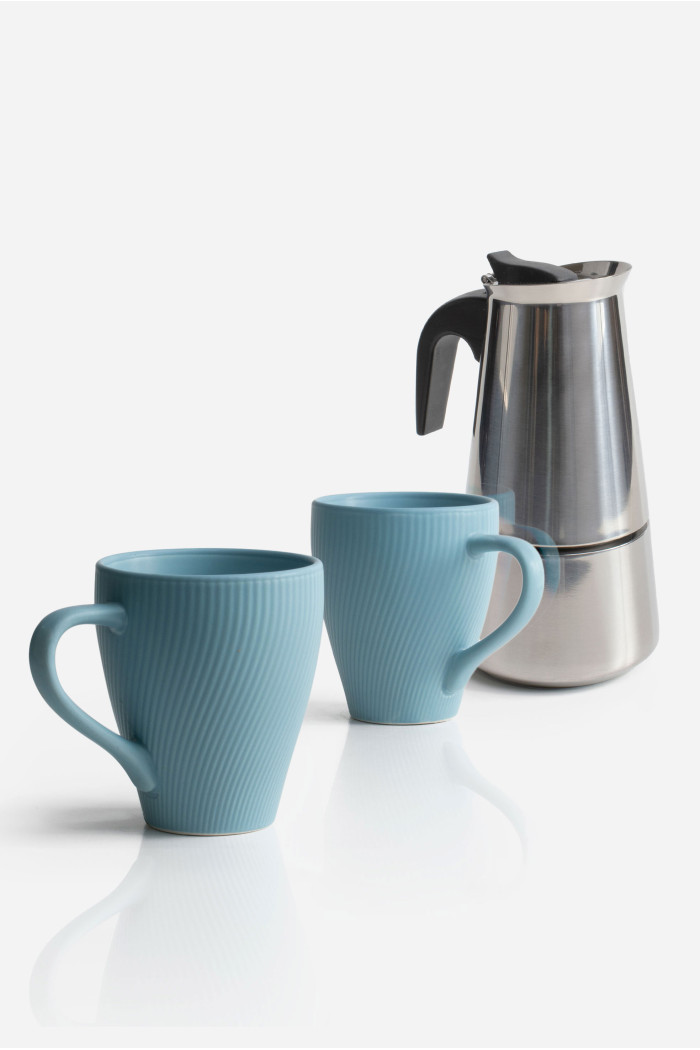 Pack de 2 Tazas Cerámica Mate & Cafetera de Acero Inox. 6 Tazas