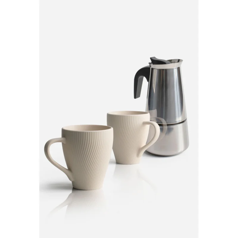 Pack de 2 Tazas Cerámica Mate & Cafetera de Acero Inox. 6 Tazas