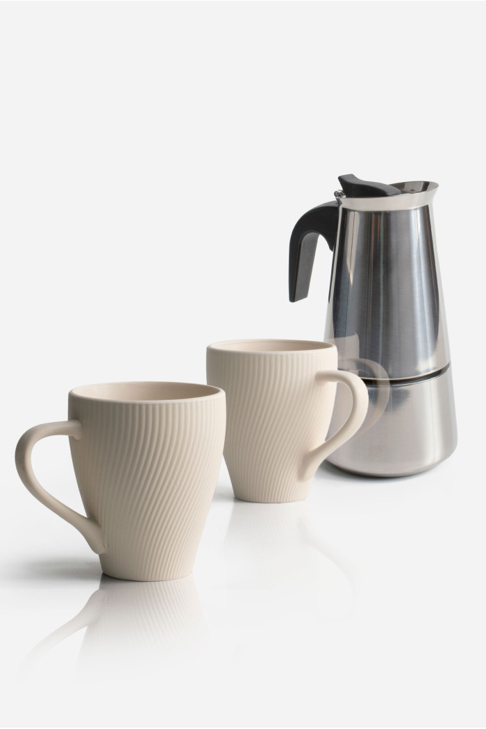 Pack de 2 Tazas Cerámica Mate & Cafetera de Acero Inox. 6 Tazas