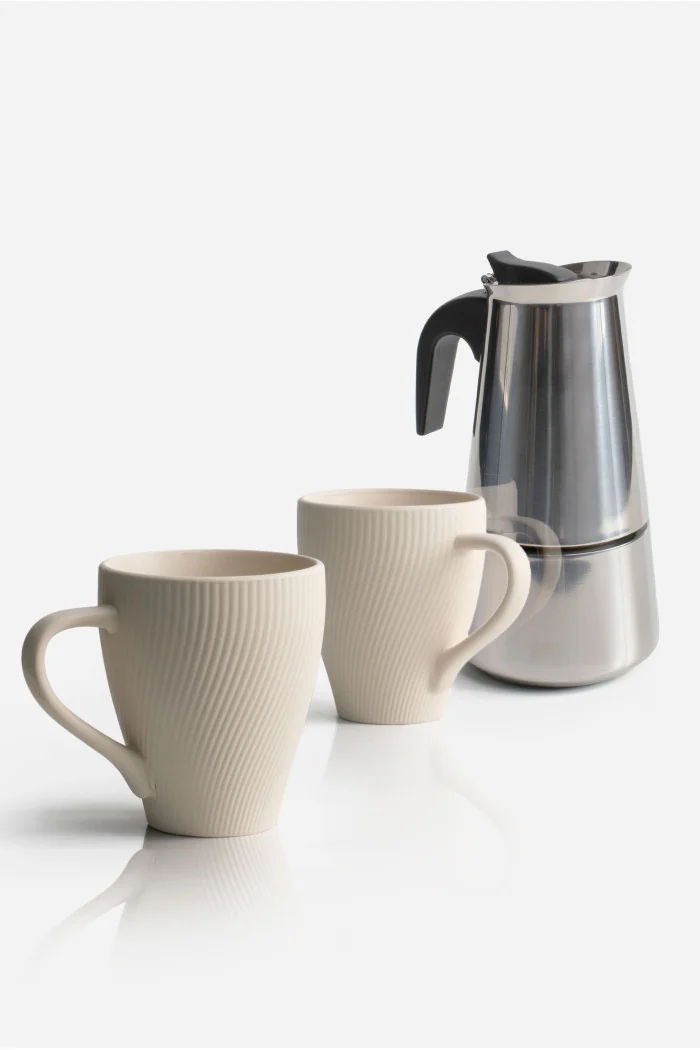 Pack de 2 Tazas Cerámica Mate & Cafetera de Acero Inox. 6 Tazas