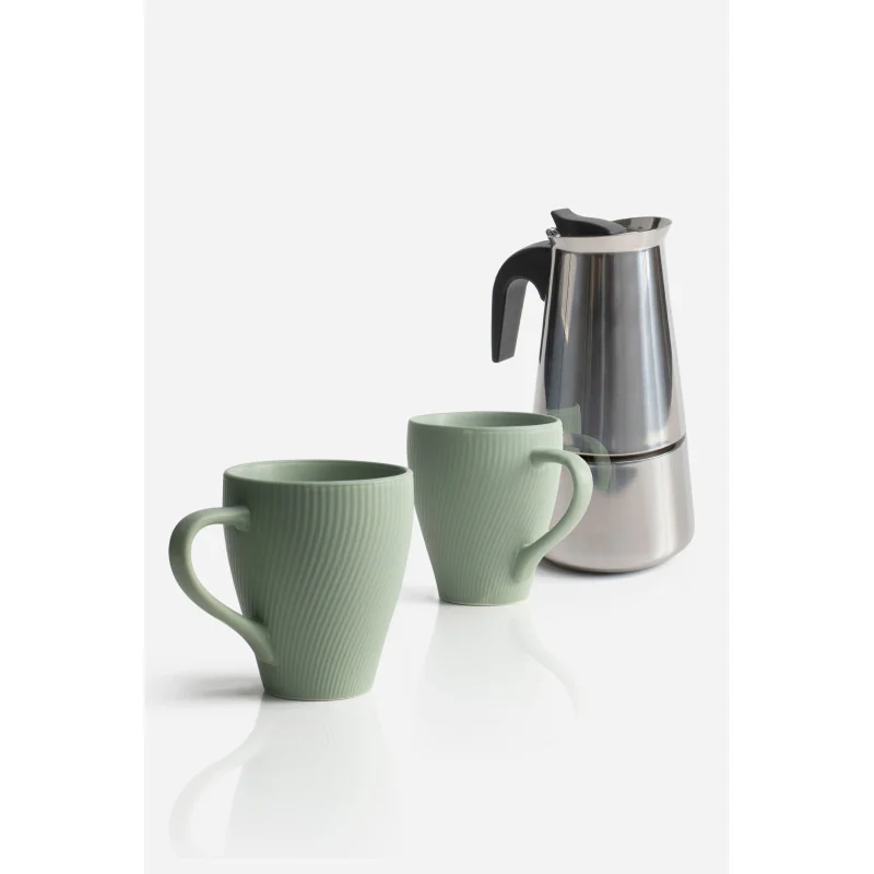 Pack de 2 Tazas Cerámica Mate & Cafetera de Acero Inox. 6 Tazas
