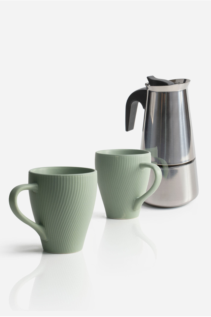 Pack de 2 Tazas Cerámica Mate & Cafetera de Acero Inox. 6 Tazas