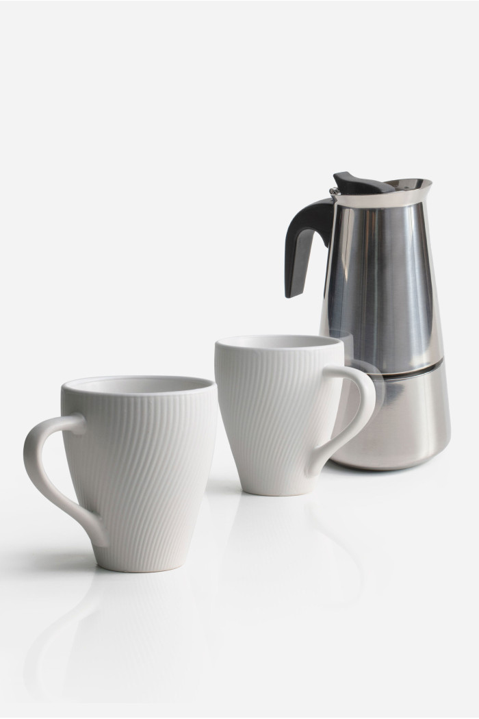 Pack de 2 Tazas Cerámica Mate & Cafetera de Acero Inox. 6 Tazas