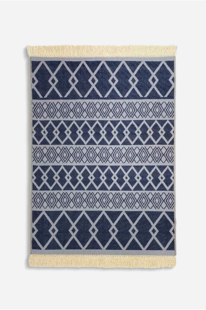 Alfombra Étnica con Flecos Antideslizante en Azul/Blanco - 2 Tamaños