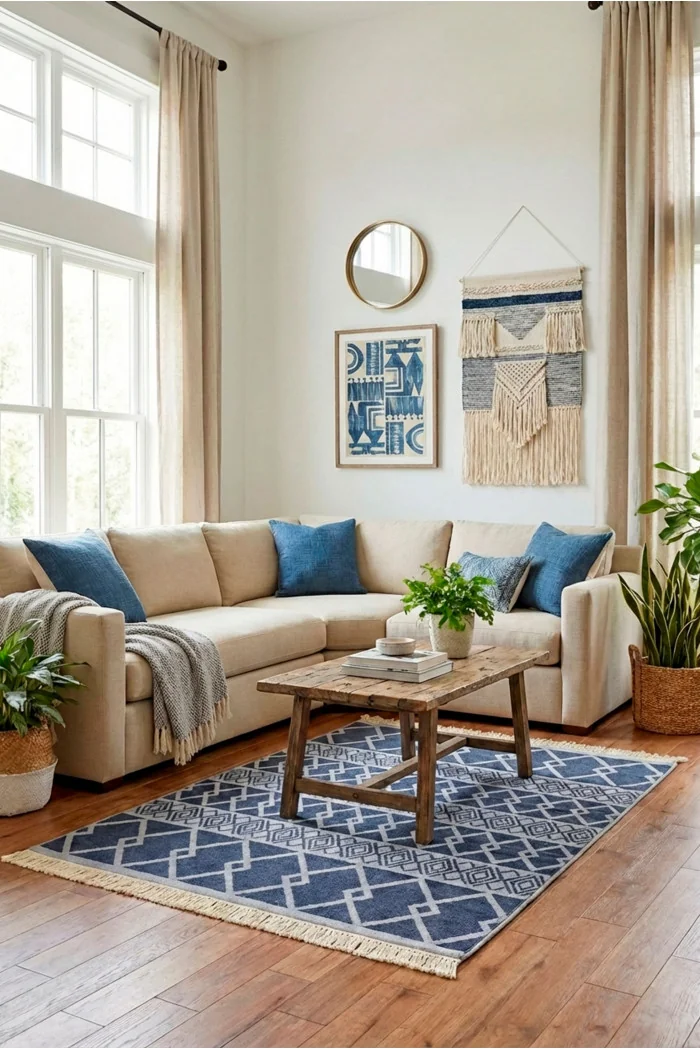 Alfombra Étnica con Flecos Antideslizante en Azul/Blanco - 2 Tamaños