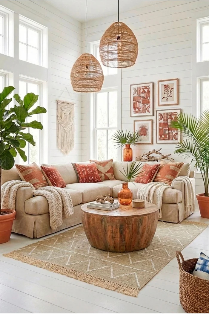 Alfombra Étnica con Flecos Antideslizante en Color Natural/Blanco - 3 Tamaños