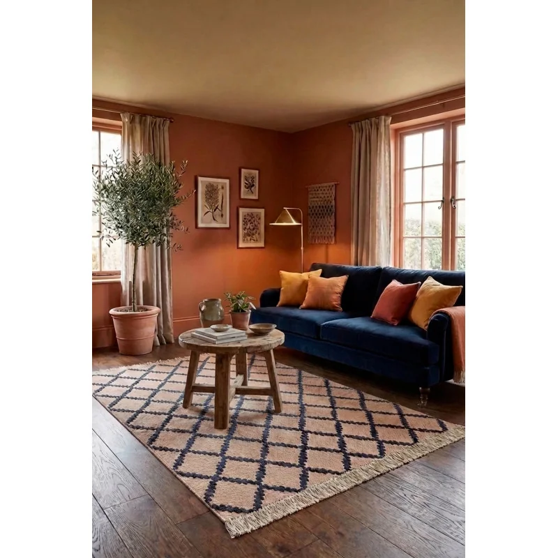 Alfombra Étnica con Flecos Antideslizante Natural/Negro- 2 Tamaños