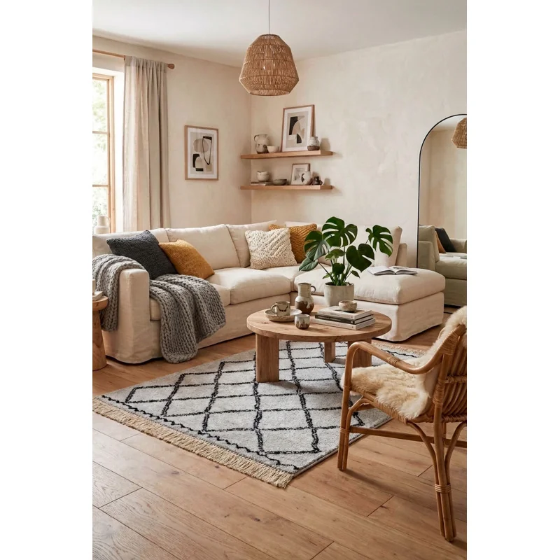 Alfombra Étnica Rombos con Flecos Antideslizante - 3 Tamaños