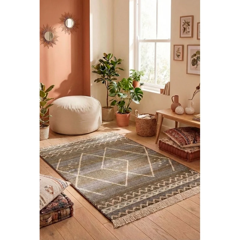 Alfombra Étnica Vintage con Flecos Antideslizante - 3 Tamaños