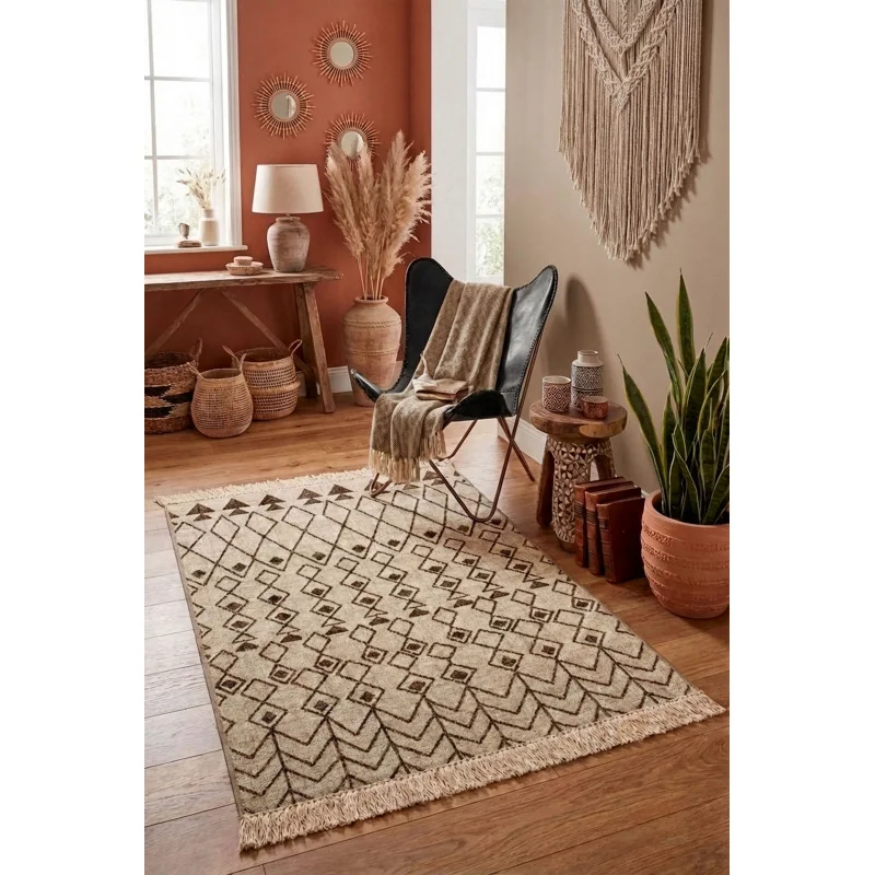 Alfombra Étnica Vintage con Flecos Antideslizante - 3 Tamaños