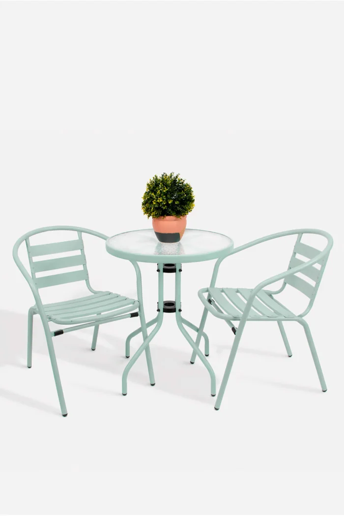 Set de 2 Sillas y Mesa Redonda de Metal para Jardín - Mobiliario de Exterior para Balcón, Terraza y Jardín