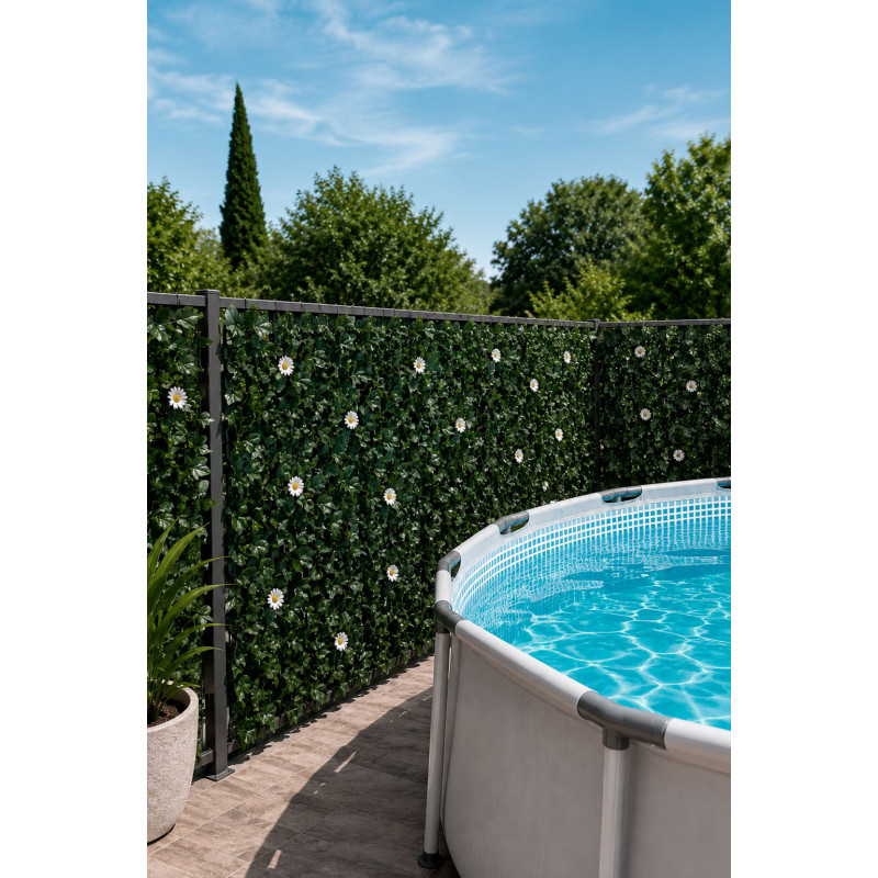 Enredadera de Seto Artificial con Hojas Verde Oscuro y Flores Decorativas en Rollo - 2 Medidas