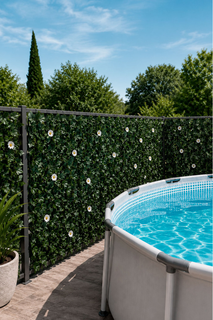 Enredadera de Seto Artificial con Hojas Verde Oscuro y Flores Decorativas en Rollo - 2 Medidas